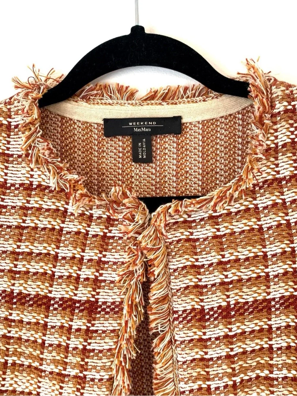 Weekend MaxMara Tweed Open Front Blazer Fringe Trim Flax Linen Plaid Size Large